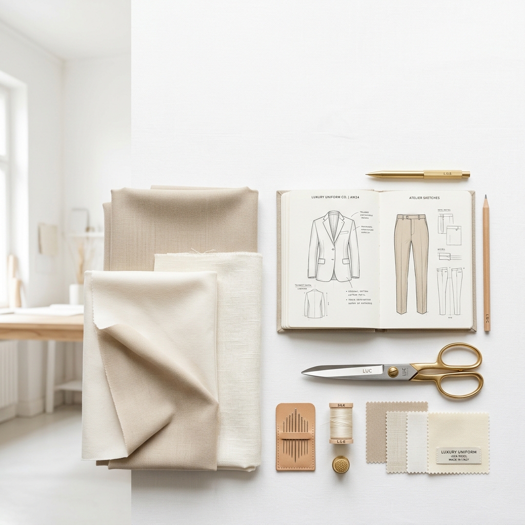 Tailored uniforms, atelier flat-lay